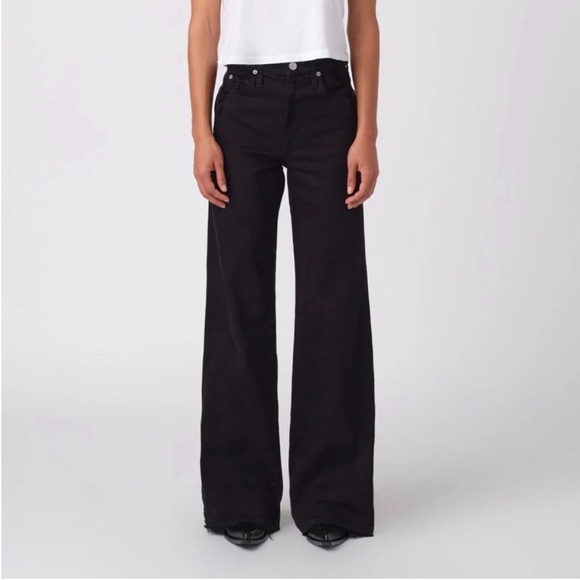 NWT AMO Frida Black Oak Wide Leg High Rise Raw Hem Ankle Light Distressing Sz 24